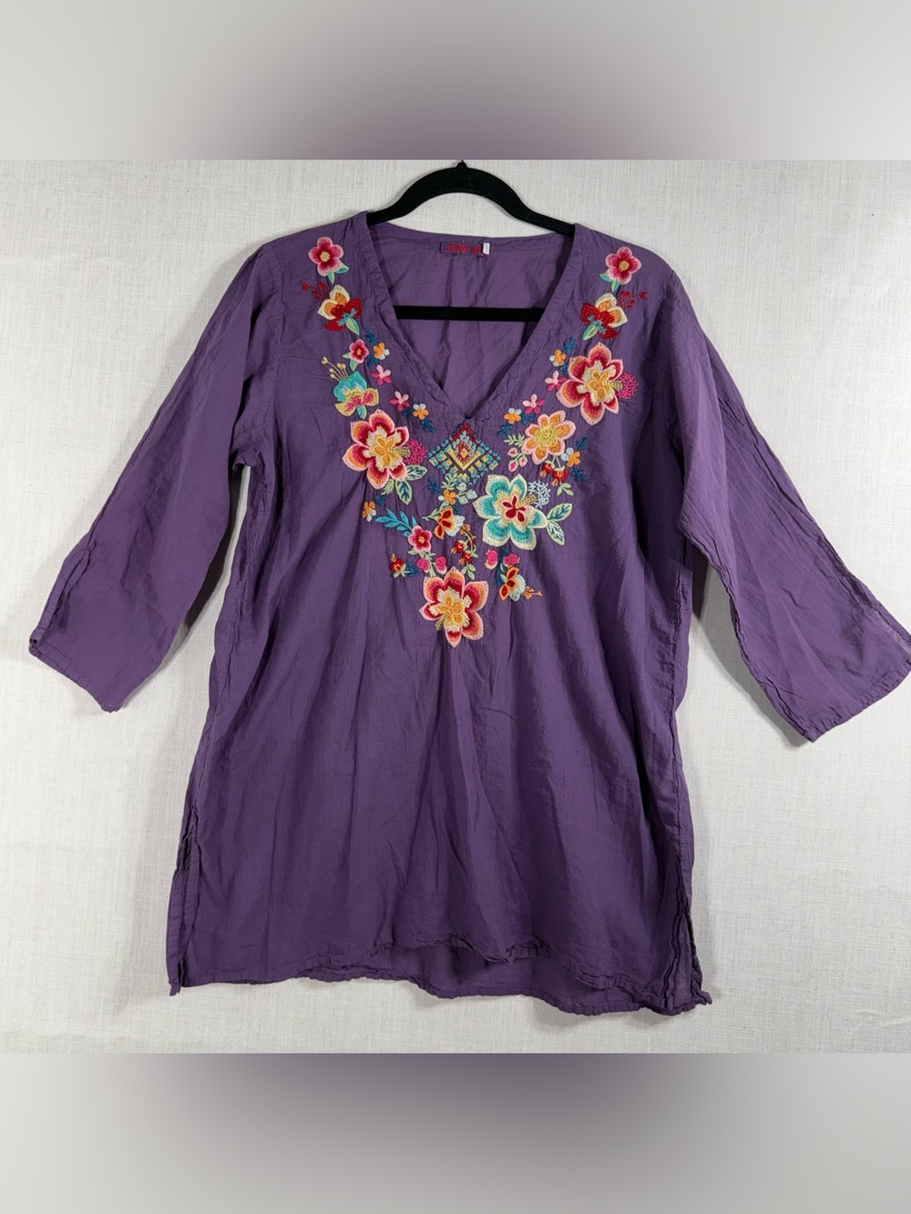 Johnny Was Purple Floral Embroidered V-Neck Tunic